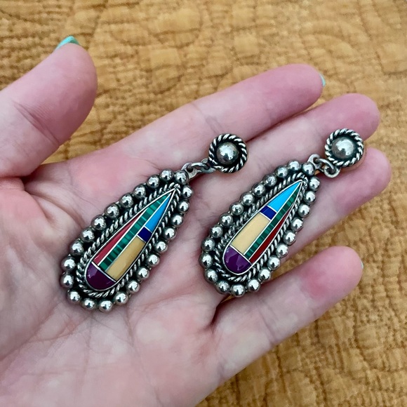 Vtg Taxco Multicolor Inlay Drop Earrings Sterling Silver Southwest Frida Kahlo - Picture 9 of 9